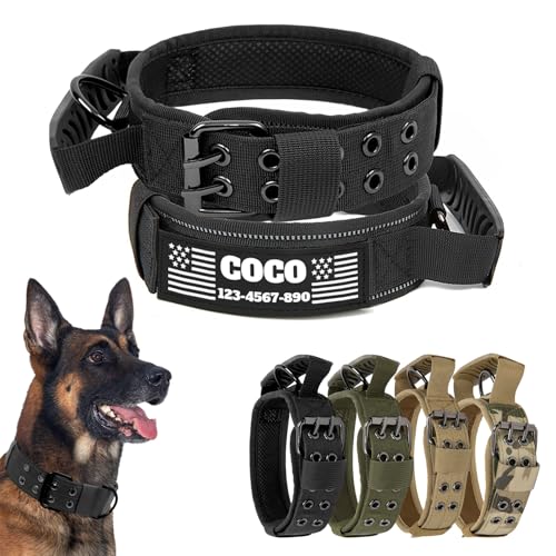 CHRYMPETIC Taktisches Hundehalsband mit anpassbarem Namen und Textaufnäher, Nylon-Halsband mit robuster Metallschnalle für mittelgroße und große Hunde, passende Leine erhältlich (schwarzer Griff, XL) CHRYMPETIC Taktisches Hundehalsband mit anpassbarem Namen und Textaufnäher, Nylon-Halsband mit robuster Metallschnalle für mittelgroße und große Hunde, passende Leine erhältlich (schwarzer Griff, XL) von CHRYMPETIC