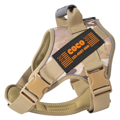 Essentielles Hundegeschirr mit personalisierten Aufnähern - Zugfreies, verstellbares, reflektierendes Haustiergeschirr mit individuellem Namen oder Text (Camouflage) von CHRYMPETIC