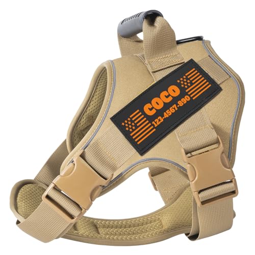Essentielles Hundegeschirr mit personalisierten Aufnähern - Zugfreies, verstellbares, reflektierendes Haustiergeschirr mit individuellem Namen oder Text (Khaki) von CHRYMPETIC