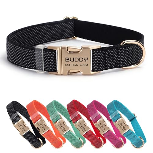Nylon personalisiertes Haustierhalsband mit Namen, anpassbar lasergraviert, Ultra-reflektierendes Punktdesign, langlebige Metallschnalle für Hunde und Katzen - Passende Leine erhältlich (Schwarz) von CHRYMPETIC
