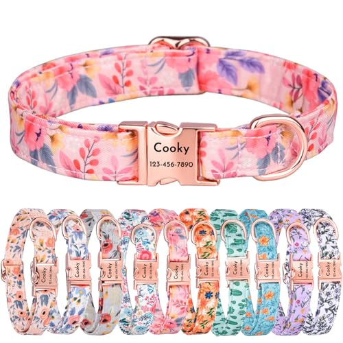 Personalisiertes Hundehalsband mit Namen für Hunde mit niedlichem Blumendesign, personalisierbares Hundehalsband mit Namen, verstellbares und anpassbares Hundehalsband (Muster E, L (38,1–59,7 cm) von CHRYMPETIC