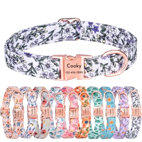 Personalisiertes Hundehalsband mit Namen für Hunde mit niedlichem Blumendesign, personalisierbares Hundehalsband mit Namen, verstellbares und anpassbares Hundehalsband (Muster J, L (38,1–59,7 cm) von CHRYMPETIC