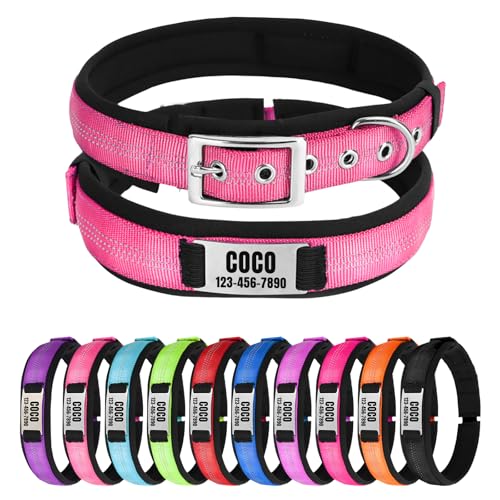 Reflektierendes Nylon-Hundehalsband mit Namen, Personalisierbar, Metallschnalle, Weich & Komfortabel - Passende Leine Erhältlich (Pink) von CHRYMPETIC