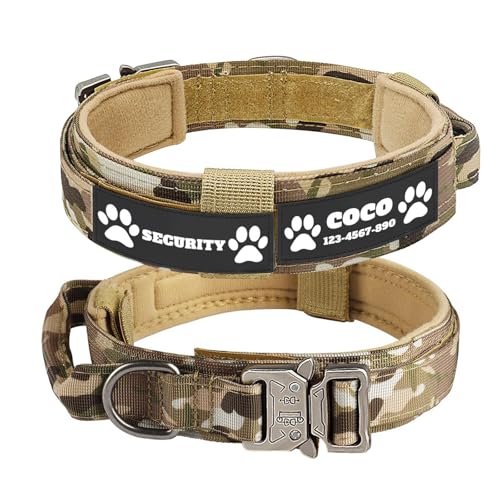 Taktisches personalisiertes Hundehalsband mit Namen- und Nummernpatches – Anpassbares Hundehalsband mit Metallschnellverschluss und individuellen Klett-Patches (Tarnfarbe, M (34–43cm)) von CHRYMPETIC