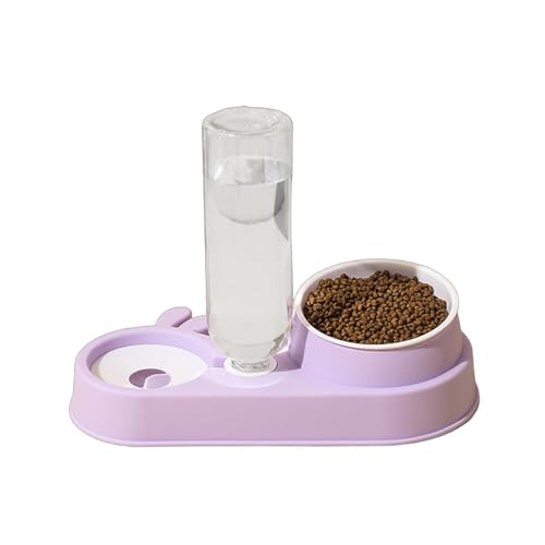 2-in-1-Haustierfutter- und Wasserspender-Set mit Doppelnäpfen, automatischer Wasserflaschen-Futterspender für Katzen und Hunde, abnehmbar und leicht zu reinigen (violette Keramikschale) von CHUANYGU