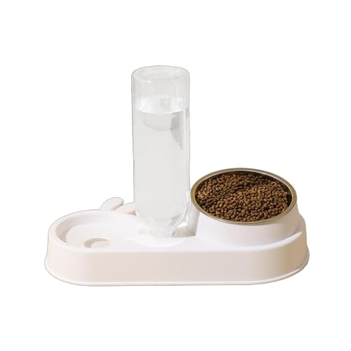 2-in-1-Haustierfutter- und Wasserspender-Set mit Doppelnäpfen, automatischer Wasserflaschen-Futterspender für Katzen und Hunde, abnehmbar und leicht zu reinigen (weißer Edelstahl) von CHUANYGU