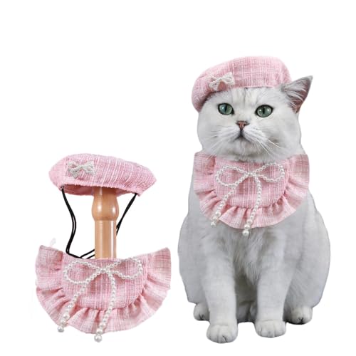 2-teiliges Katzen-Barettmütze mit Fliege, Bandana-Set, verstellbares Haustierkostüm für Halloween, Weihnachten, Geburtstag, Party, schwarz-rosa Kamelien-Design (rosa Perle) von CHUANYGU