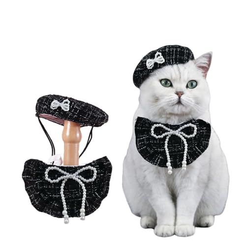 2-teiliges Katzen-Barettmütze mit Fliege, Bandana-Set, verstellbares Haustierkostüm für Halloween, Weihnachten, Geburtstagsparty, schwarz-rosafarbenes Kamelien-Design (schwarze Perle) von CHUANYGU