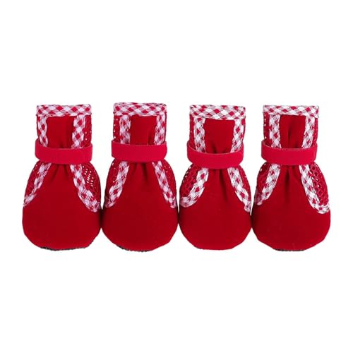 Atmungsaktive Netz-Hundestiefel für kleine und mittelgroße Hunde, rutschfester Pfotenschutz für heißen Gehweg, Innen- und Außenbereich (Rot, L) von CHUANYGU