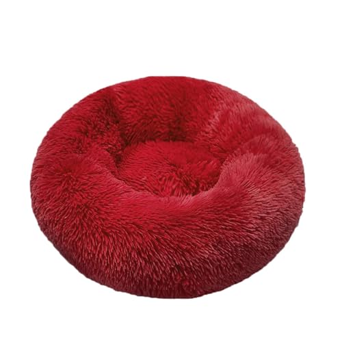 CHUANYGU Donut Haustierbett, waschbar, rund, mit Kunstfell, rutschfeste Unterseite, 6 Größen für kleine bis große Haustiere (Beige, 40–90 cm) (Rot, L) von CHUANYGU
