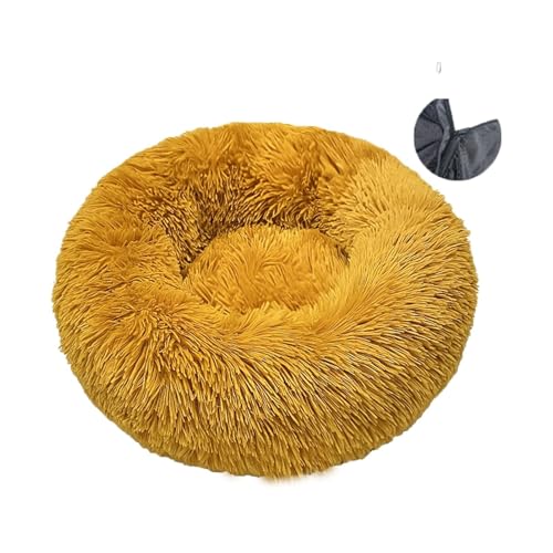 CHUANYGU Donut-Haustierbett, waschbares, rundes Hunde- und Katzenbett mit Kunstfell, rutschfeste Unterseite, 6 Größen für kleine bis große Haustiere (Beige, 40–90 cm) (Gold, L) von CHUANYGU