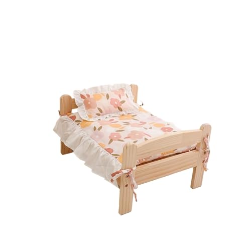 CHUANYGU Erhöhtes Hundebett mit Rahmen aus massivem Kiefernholz, erhöhtes Haustierbett mit abnehmbarer Matratze, anwendbar für kleine Hunde und Katzen (1 mit Bettwäsche, S-54 x 42 x 30 cm) von CHUANYGU