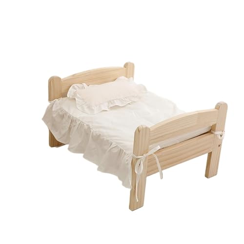 CHUANYGU Erhöhtes Hundebett mit Rahmen aus massivem Kiefernholz, erhöhtes Haustierbett mit abnehmbarer Matratze, anwendbar für kleine Hunde und Katzen (2 mit Bettwäsche, S-54 x 42 x 30 cm) von CHUANYGU