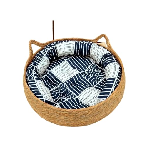 CHUANYGU Gewebtes Rattan-Katzenbett mit abnehmbarem Kissen, atmungsaktives Donut-Haustierbett für Katzen und kleine Hunde, weiche PP-Baumwoll-Füllung, Naturfaser-Nest (blaues Kissen, 40 cm) von CHUANYGU
