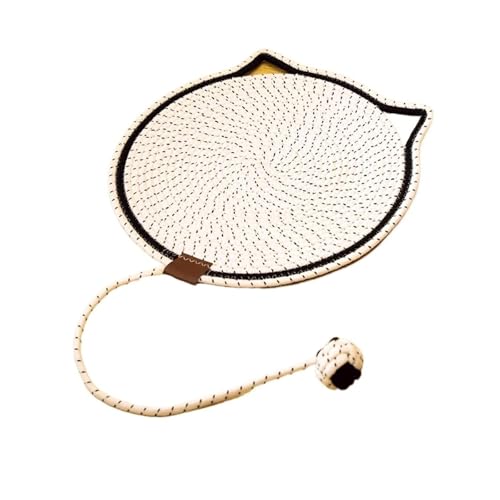 CHUANYGU Handgewebtes Rattan-Katzenbett mit Kühlmatte, atmungsaktives, rundes Haustierbett für Katzen, kratzfestes Design mit Baumwollseil, waschbarer Bezug (Weiß, 50 cm) von CHUANYGU