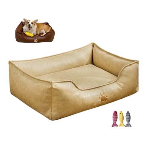 CHUANYGU Haustiersofa aus Kunstleder für kleine Hunde und Katzen, abnehmbares Kissen mit rutschfester Unterseite, stützendes Bett im Möbelstil (Beige, L) von CHUANYGU