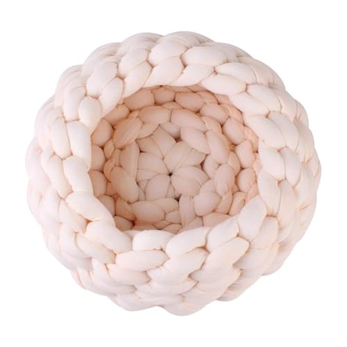 Grobstrick-Haustierbett, handgefertigt, Baumwolle, rund, geeignet für Katzen und kleine Hunde, warmes, gemütliches Nest in Grau/Khaki/Beige/Rosa (S/M/L) (Beige, 30 cm) von CHUANYGU