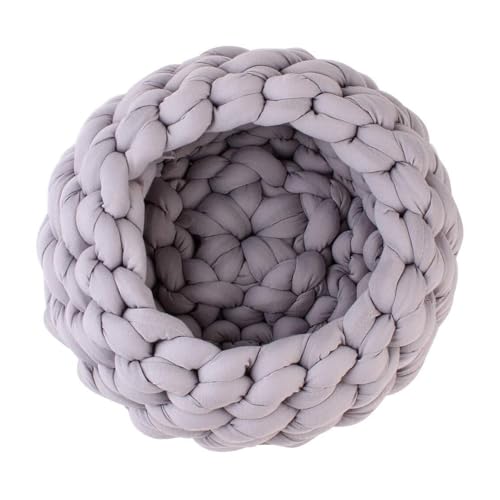 Grobstrick-Haustierbett, handgefertigt, Baumwolle, rund, geeignet für Katzen und kleine Hunde, warmes, gemütliches Nest in Grau/Khaki/Beige/Rosa (S/M/L) (Grau, 35 cm) von CHUANYGU