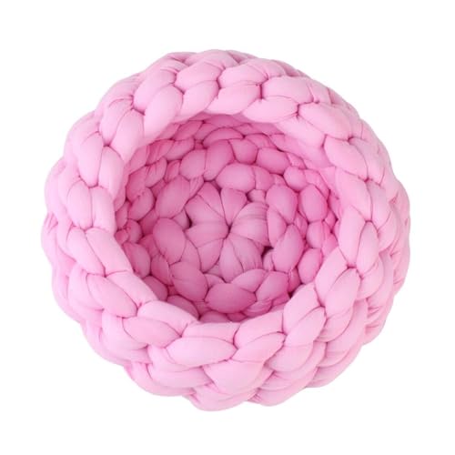 Grobstrick-Haustierbett, handgefertigt, Baumwolle, rund, geeignet für Katzen und kleine Hunde, warmes, gemütliches Nest in Grau/Khaki/Beige/Rosa (S/M/L) (Rosa, 30 cm) von CHUANYGU
