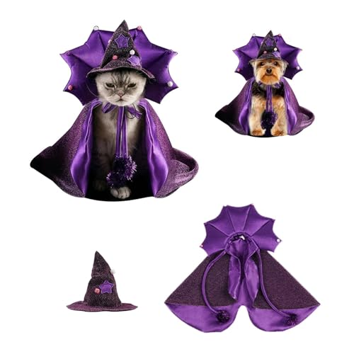 Halloween-Kostüm für Haustiere, Vampirumhang mit Hexenhut für kleine Hunde und Katzen, verstellbar, lila, funkelnd, Party-Outfit Halloween-Kostüm für Haustiere, Vampirumhang mit Hexenhut für kleine Hunde und Katzen, verstellbar, lila, funkelnd, Party-Outfit von CHUANYGU