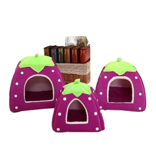 Haustierbett aus weichem Schaumstoff, Erdbeere, für Katzen und Hunde, warmes, gemütliches Haus mit abnehmbarem Kissen, Lila, Größe L von CHUANYGU