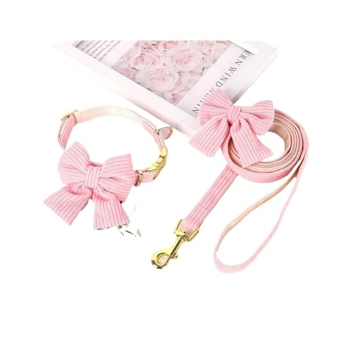 Hundehalsband und Leine, Set aus weichem Samt, mit abnehmbarer Schleife, Kordsamt, verstellbar, für kleine und mittelgroße Hunde, Spaziergänge im Freien (Rosa, M) von CHUANYGU