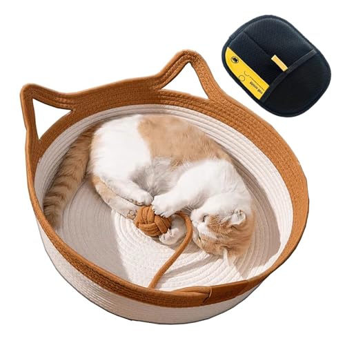 Katzenbettkorb aus Baumwollseil, handgewebtes Katzenhaus mit Spielzeugschwanz, atmungsaktives Haustierbett, kleine und mittelgroße Katzen, natürlich gewebter Aufbewahrungskorb (Braun, M) von CHUANYGU