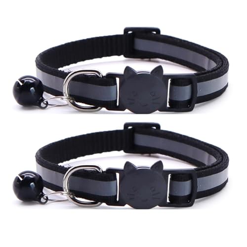Reflektierendes Katzenhalsband mit Glöckchen, verstellbar, Nylon, Sicherheitshalsband für drinnen und draußen, Kätzchen (schwarz), 2 Stück von CHUANYGU