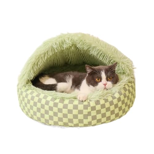 Rundes Plüsch-Katzenbett, warmes, halbgeschlossenes Haustiernest mit weichem Cordbezug, dicke PP-Baumwollpolsterung für Katzen und kleine Haustiere, Grau (A,L: 60 cm) von CHUANYGU