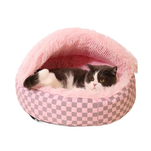 Rundes Plüsch-Katzenbett, warmes, halbgeschlossenes Haustiernest mit weichem Cordbezug, dicke PP-Baumwollpolsterung für Katzen und kleine Haustiere, Grau (C,L: 60 cm) von CHUANYGU