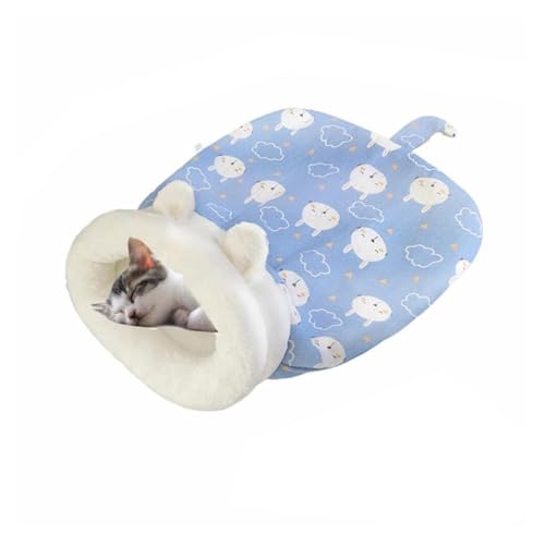 Selbstwärmender Katzenschlafsack, gemütliches Winter-Haustierbett für Hauskatzen, halbgeschlossenes Höhlen-Design mit weichem Plüsch und PP-Baumwolle (54,9 x 45 cm) (Blau) von CHUANYGU