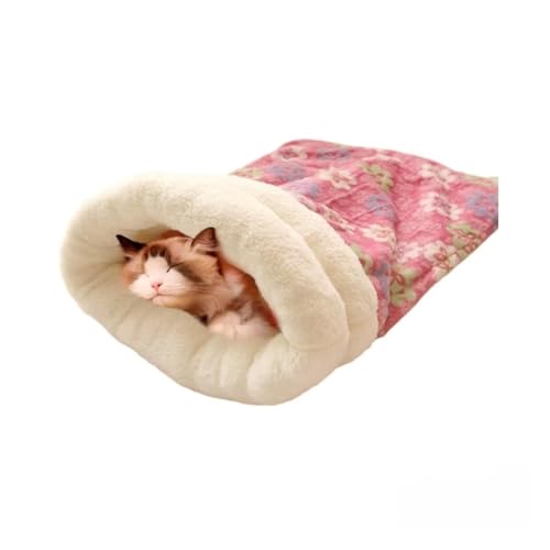Selbstwärmender Katzenschlafsack, weiches Plüsch-Katzenbett, Höhle mit 360°-Wärme, 39 x 55 cm, Haustierbett für Katzen und kleine Haustiere (grau-blau) (rosa Blume) von CHUANYGU
