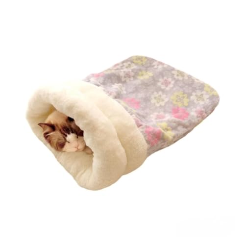 Selbstwärmender Katzenschlafsack, weiches Plüsch-Katzenbett mit 360°-Wärme, 39 x 55 cm, Haustierbett für Katzen und kleine Haustiere (Graublau) (graue Blume) von CHUANYGU