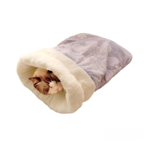 Selbstwärmender Katzenschlafsack – weiches Plüsch-Katzenbett mit 360°-Wärme, 39 x 55 cm, Haustierbett für Katzen und kleine Haustiere (Graublau) (lila Blume) von CHUANYGU