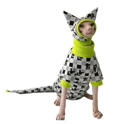 Sphynx Katzenkleidung, komplettes Set mit Hut und Schwanzbezug, weicher Overall, Schlafanzug für haarlose Katzen, Haustier-Einteiler für Cornish Rex und Devon Rex (C,S) von CHUANYGU