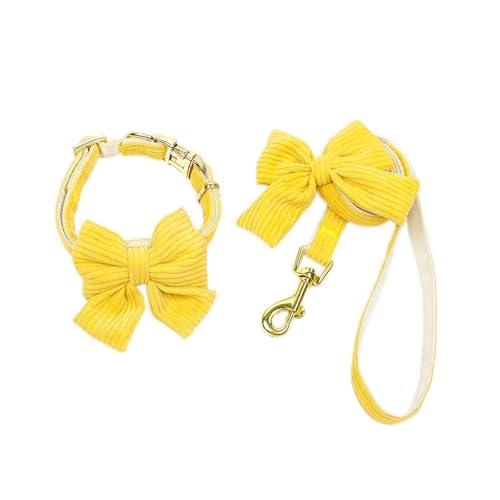 Süßes Hundehalsband und Leine aus weichem Samt, mit abnehmbarer Schleife, Kordsamt, verstellbar, für kleine und mittelgroße Hunde, Spaziergänge im Freien (Gelb, S) von CHUANYGU