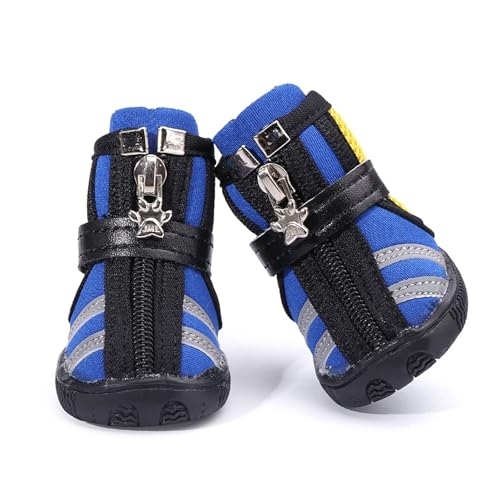 Wasserdichte Hundeschuhe mit reflektierenden Streifen, rutschfeste Haustierstiefel mit Reißverschluss für kleine und mittelgroße Hunde, Allwetter-Pfotenschutz (Blau, 4) von CHUANYGU