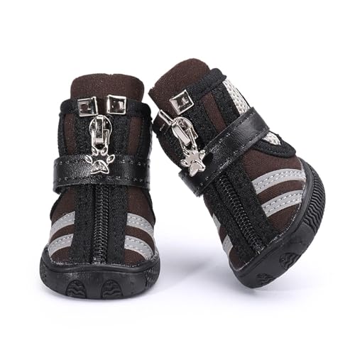 Wasserdichte Hundeschuhe mit reflektierenden Streifen, rutschfeste Haustierstiefel mit Reißverschluss für kleine und mittelgroße Hunde, Allwetter-Pfotenschutz (Braun, 1) von CHUANYGU