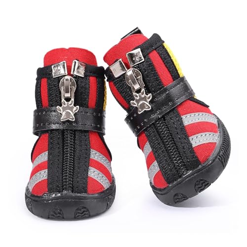 Wasserdichte Hundeschuhe mit reflektierenden Streifen, rutschfeste Haustierstiefel mit Reißverschluss für kleine und mittelgroße Hunde, Allwetter-Pfotenschutz (Rot, 3) von CHUANYGU
