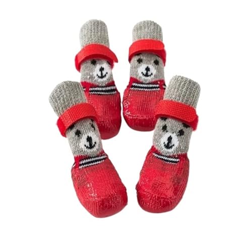 Wasserdichte Hundesocken mit rutschfesten Sohlen – atmungsaktive Haustierschuhe für drinnen und draußen, verstellbare Klettverschlüsse (4er-Set) (Rot) von CHUANYGU