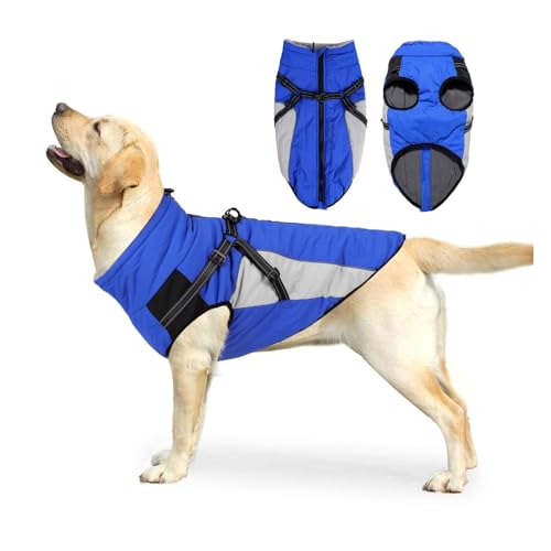 Wasserdichter Hundemantel mit reflektierenden Streifen, mit Fleece gefütterte Winterjacke für mittelgroße und große Hunde, Leinenbefestigung und winddichtes Design (Blau, Größe L) von CHUANYGU