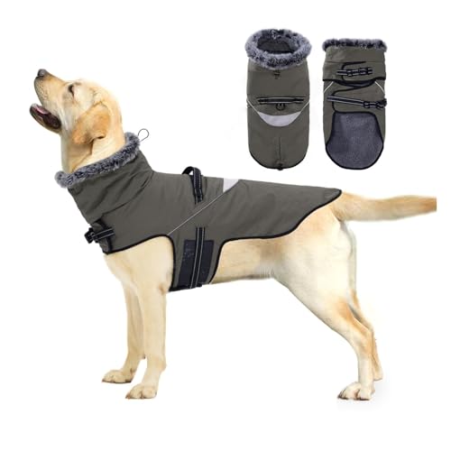 Wasserdichter Hundemantel mit reflektierenden Streifen, mit Fleece gefütterte Winterjacke für mittelgroße und große Hunde, Leinenbefestigung und winddichtes Design (Braun, Größe L) von CHUANYGU