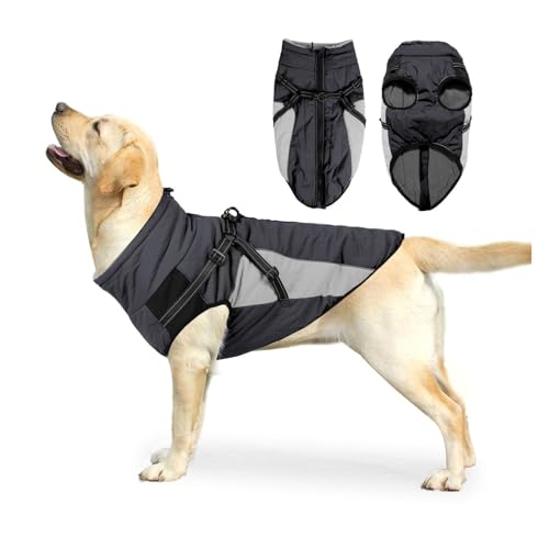 Wasserdichter Hundemantel mit reflektierenden Streifen, mit Fleece gefütterte Winterjacke für mittelgroße und große Hunde, Leinenbefestigung und winddichtes Design (Grau, M) von CHUANYGU