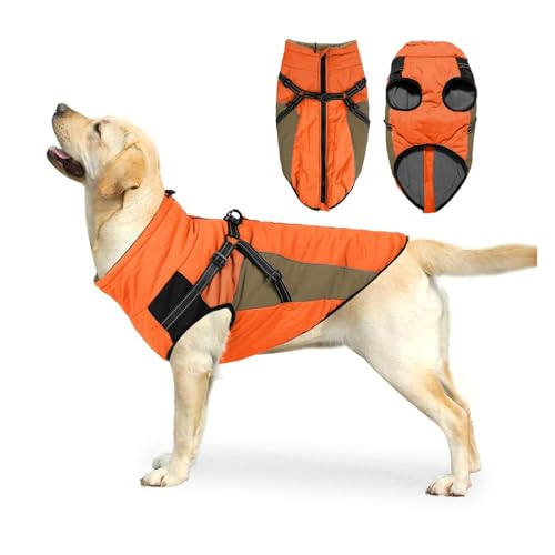 Wasserdichter Hundemantel mit reflektierenden Streifen, mit Fleece gefütterte Winterjacke für mittelgroße und große Hunde, Leinenbefestigung und winddichtes Design (Orange, M) von CHUANYGU