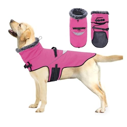 Wasserdichter Hundemantel mit reflektierenden Streifen, mit Fleece gefütterte Winterjacke für mittelgroße und große Hunde, Leinenbefestigung und winddichtes Design (Rosa, L) von CHUANYGU