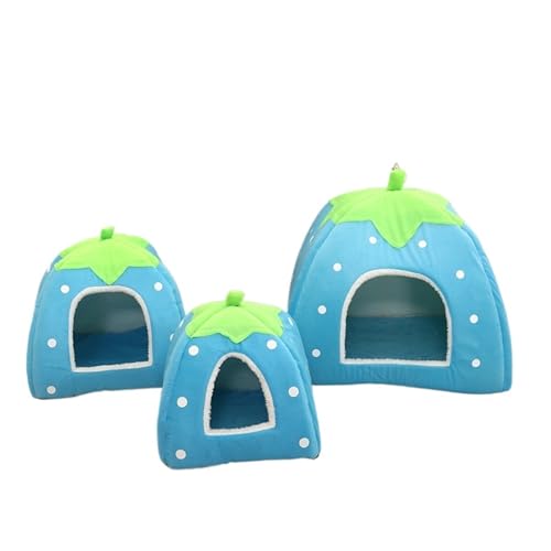 Weiches Haustierbett aus Schaumstoff, Erdbeere, für Katzen und Hunde, warmes, gemütliches Haus mit abnehmbarem Kissen, Blau, Größe L von CHUANYGU