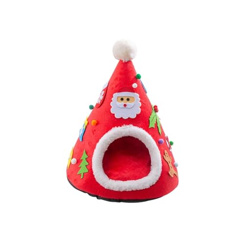 Weihnachtsbaum-Katzenbett-Höhle – weiches PP-Baumwoll-Haustierzelt für Hauskatzen, maschinenwaschbar mit rutschfester Unterseite (klein/mittel/groß) (Rot, M) von CHUANYGU
