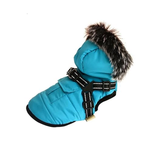 Winter-Hundemantel mit Geschirr und Kapuze, verstellbare Fleece-Schneejacke für kleine Hunde, Outdoor, warme Welpenkleidung (Blau-Grün, XL) von CHUANYGU