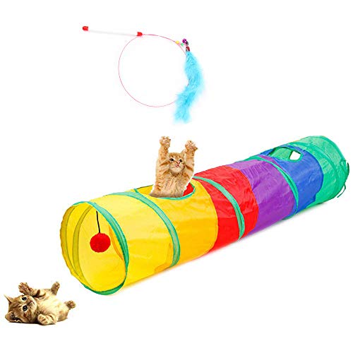 CHUER Katzen Hunden Spielzeug, Katzenspielzeug Hundenspielzeug Haustier Kleintier Spiel Tunnel Katzentunnel Faltbarer Spieltunnel + Stick Spielzeug für Katze als Geschenk(90cm) von CHUER