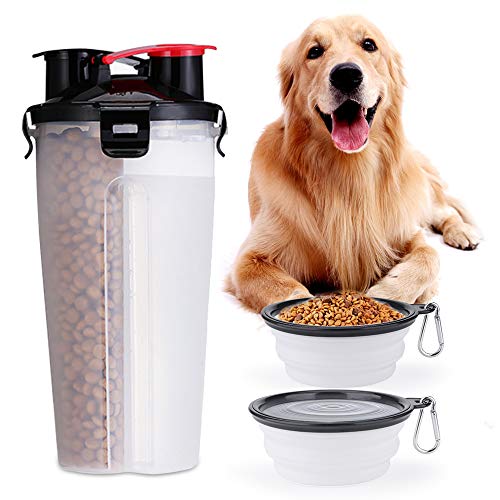 CHUER Tragbare Hund Trinkflasche und Futterflasche, 2-in-1 mit Faltbar Hunde Reisenapf (2er Set), Katzen Hunde Wasserflasche für Unterwegs, Wandern, Draussen, BPA Frei von CHUER